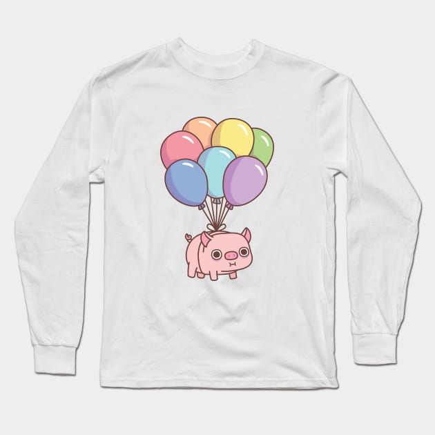 Cute Chubby Pig With Rainbow Balloons Long Sleeve T-Shirt by rustydoodle